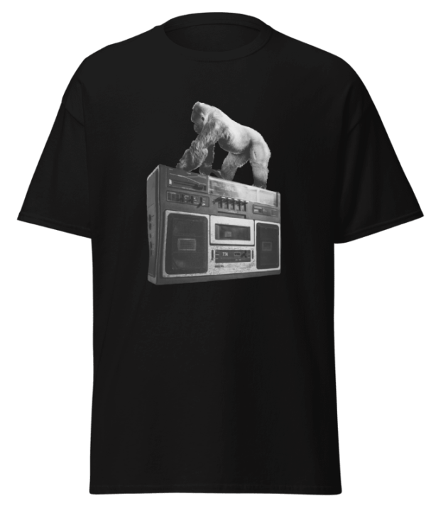 Fitted Black Crew Tee. 100% Cotton with a silky touch. Black and White Stereoknife Ape design.